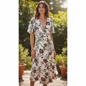 TJD The Jetset Diaries White Floral Midi Wrap Dress Size Small Lined Viscose